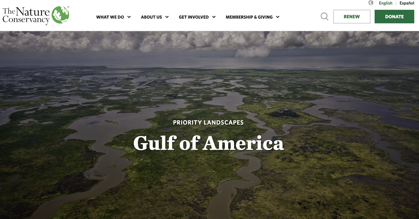 A screenshot shows The Nature Conservancy's website with a navigation bar and a "Gulf of America" title beneath the text "Priority Landscapes."