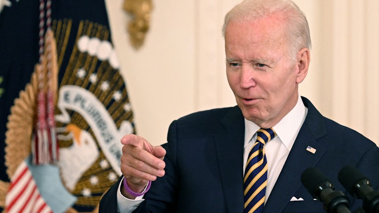 President Joe Biden points a finger.
