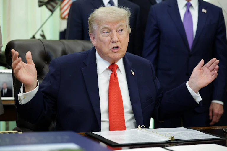 Donald Trump speaks during a proclamation signing ceremony in the Oval Office of the White House.
