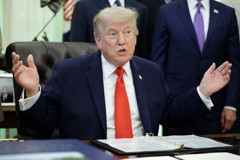 Donald Trump speaks during a proclamation signing ceremony in the Oval Office of the White House.