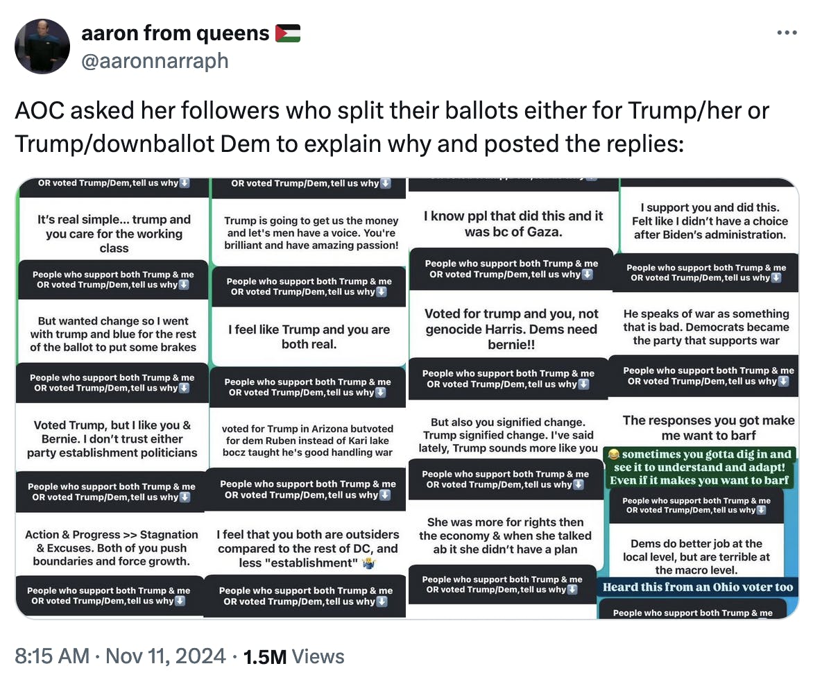 Twitter screenshot aaron from queens 🇵🇸 @aaronnarraph: AOC asked her followers who split their ballots either for Trump/her or Trump/downballot Dem to explain why and posted the replies: (16 screenshots of Instagram replies to AOC)