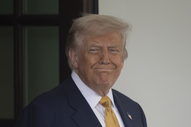 Donald Trump stands outside the White House