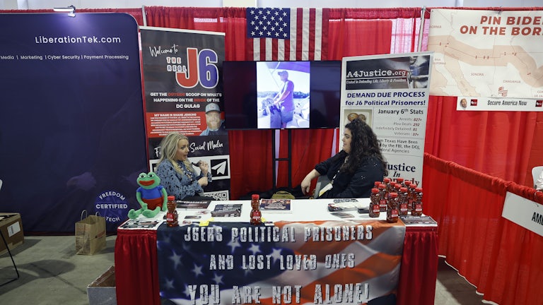Organizations supporting people arrested during the January 6, 2021 attack on the U.S. Capitol host a booth in the expo hall of the 2023 Conservative Political Action Conference.