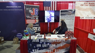 Organizations supporting people arrested during the January 6, 2021 attack on the U.S. Capitol host a booth in the expo hall of the 2023 Conservative Political Action Conference.