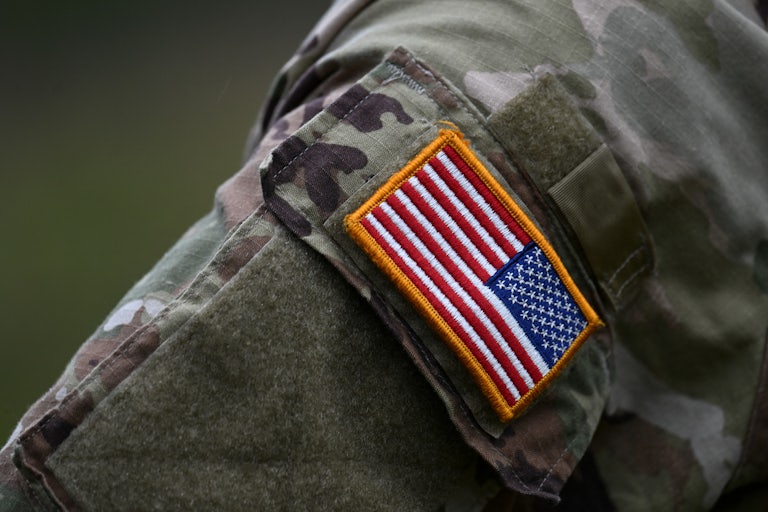 An American flag patch on a U.S. soldier’s uniform
