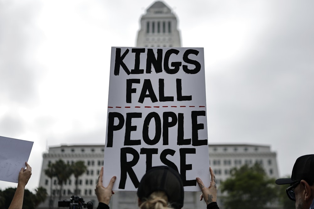 Protesters rally near City Hall during an anti-Trump “No Kings Day” demonstration in Los Angeles, California.