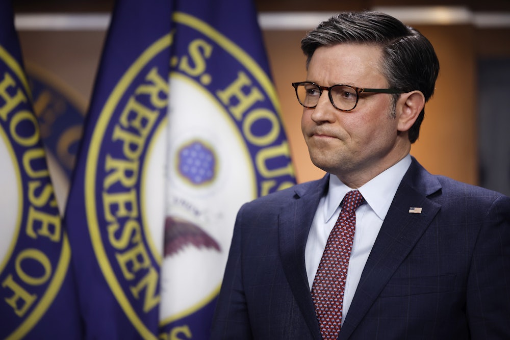Speaker of the House Mike Johnson holds a news conference following a caucus meeting at the U.S. Capitol.