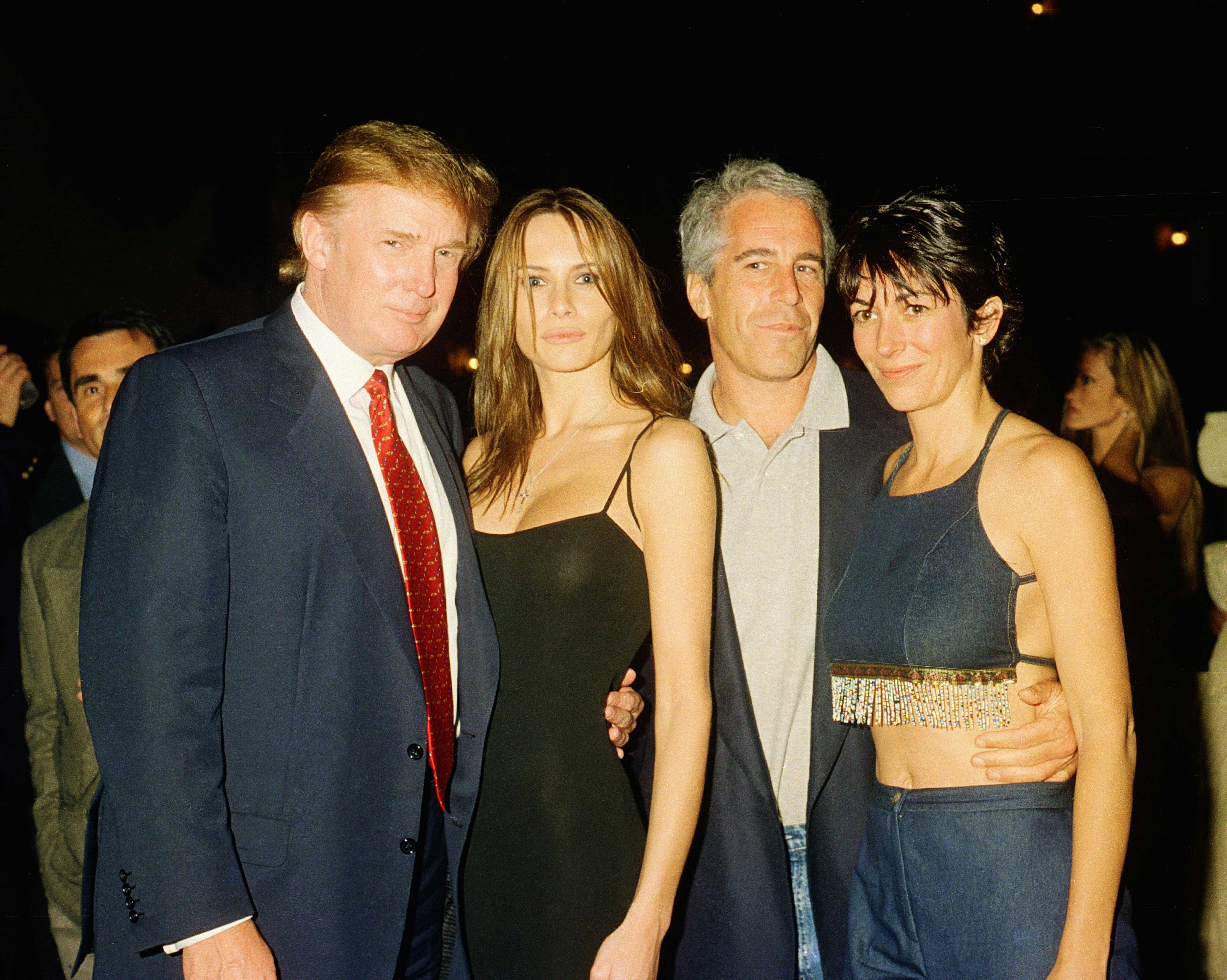 Donald Trump, Melania Trump, Jeffrey Epstein, and Ghislaine Maxwell stand together for a photo