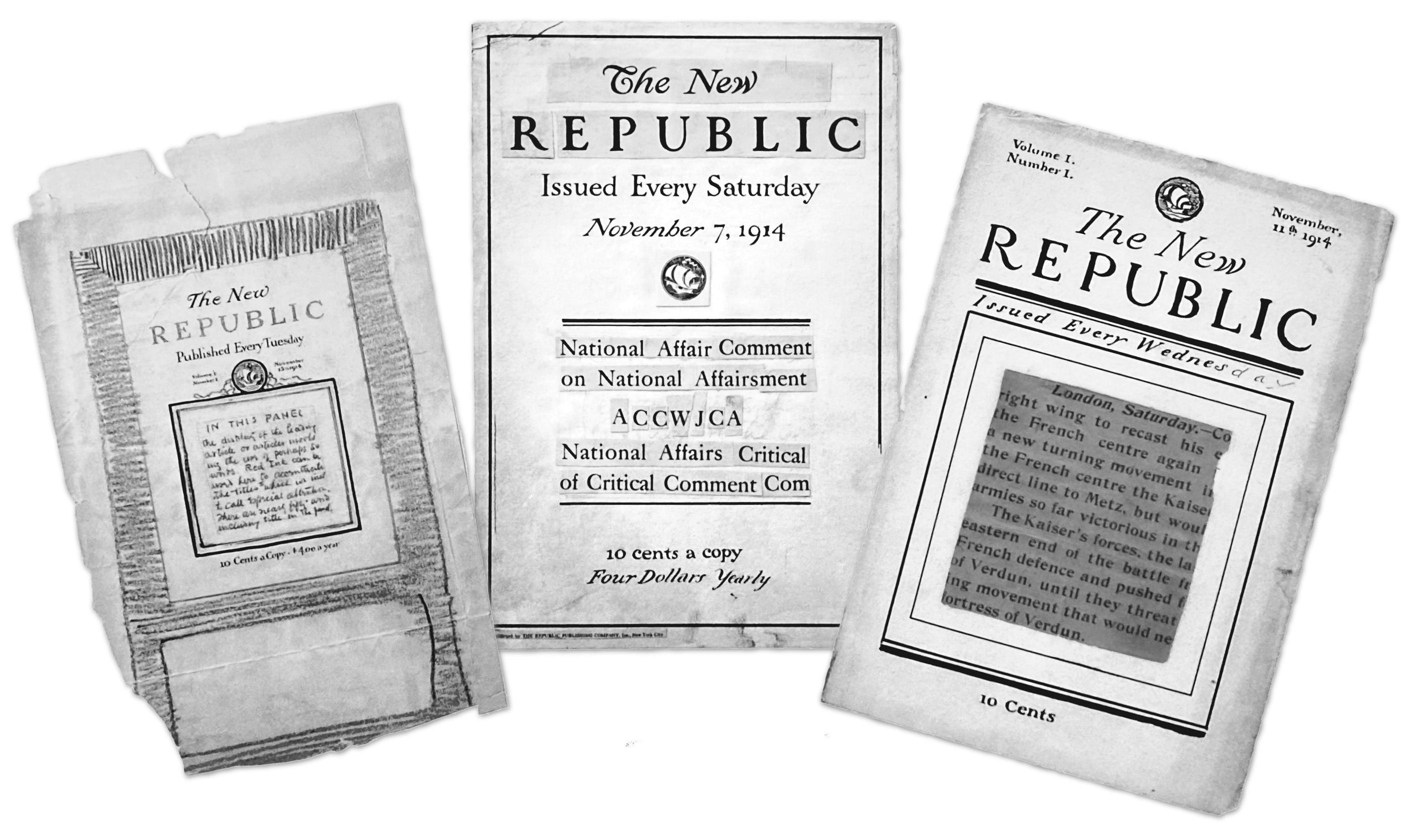 Three black-and-white mock-ups for The New Republic in its founding year, 1914, with bold serif typography symbolizing the magazine’s historical commitment to liberalism.