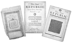 Three black-and-white mock-ups for The New Republic in its founding year, 1914, with bold serif typography symbolizing the magazine’s historical commitment to liberalism.