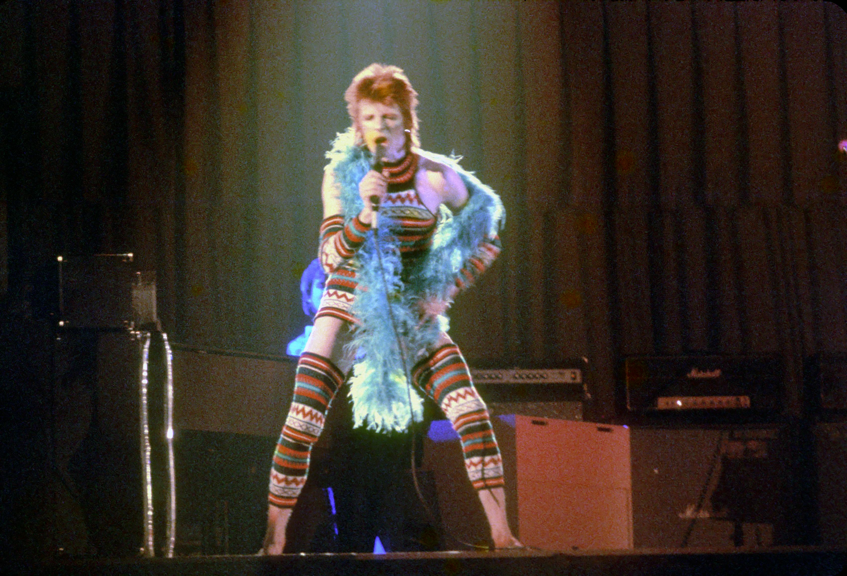 David Bowie performs onstage during his "Ziggy Stardust" era in 1973 in Los Angeles, California