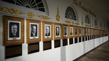 The White House's "Presidential Walk of Fame" with new added plaques under each portrait.