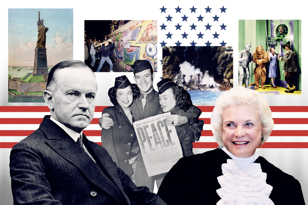 Photo collage with portraits of Calvin Coolidge, Sandra Day O'Connor, a photograph of Victory Day celebrations, the Statue of Liberty, the fall of the Berlin Wall, the bombing of Pearl Harbor, and a still from The Wizard of Oz.