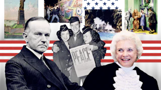 Photo collage with portraits of Calvin Coolidge, Sandra Day O'Connor, a photograph of Victory Day celebrations, the Statue of Liberty, the fall of the Berlin Wall, the bombing of Pearl Harbor, and a still from The Wizard of Oz.