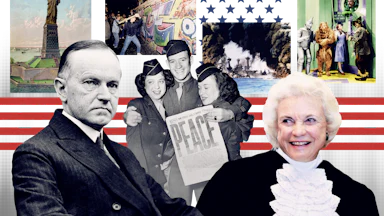 Photo collage with portraits of Calvin Coolidge, Sandra Day O'Connor, a photograph of Victory Day celebrations, the Statue of Liberty, the fall of the Berlin Wall, the bombing of Pearl Harbor, and a still from The Wizard of Oz.