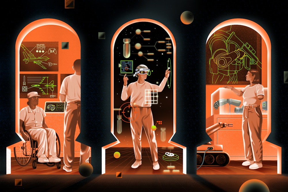 In this illustration three archways shaped as bombs reveal scenes inside. On the left, a black male wheelchair user watches as a technician with his back to the viewer looks at screens on the wall that depict drone aircraft being controlled by video game controllers. In the center arch, a white man wearing a virtual reality headset manipulates floating images of maps, targets, and bombs. In the arch at the right, a white woman with a left-arm amputation stands in front of a robot arm on tank treads; behind her there are robotic prosthetic arms under glass and a black screen above her depicts a man with a prosthetic arm cradling an automatic weapon.