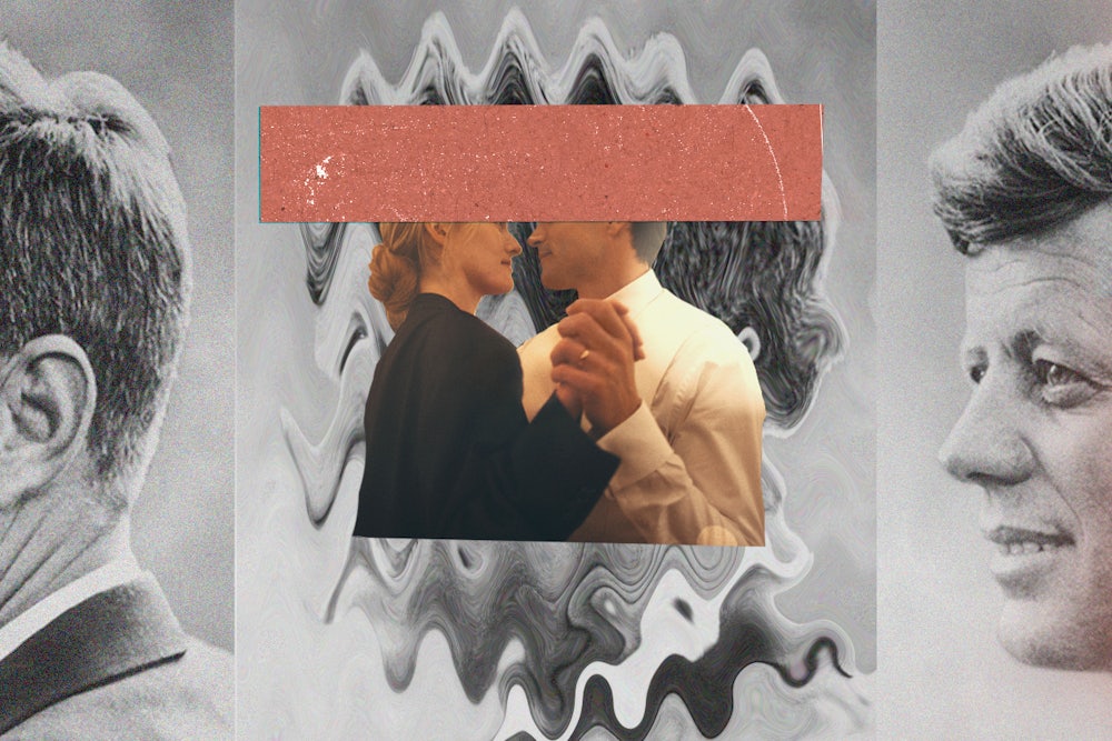 A collage of a black and white photo of John F. Kennedy surrounding a central color TV episodic image of Sarah Pidgeon as Carolyn Bessette Kennedy, Paul Anthony Kelly as John F. Kennedy Jr. in "Love Story." in the new FX tv show portraying Carolyn Bessette and John F. Kennedy Jr. dancin