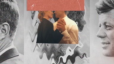 A collage of a black and white photo of John F. Kennedy surrounding a central color TV episodic image of Sarah Pidgeon as Carolyn Bessette Kennedy, Paul Anthony Kelly as John F. Kennedy Jr. in "Love Story." in the new FX tv show portraying Carolyn Bessette and John F. Kennedy Jr. dancin