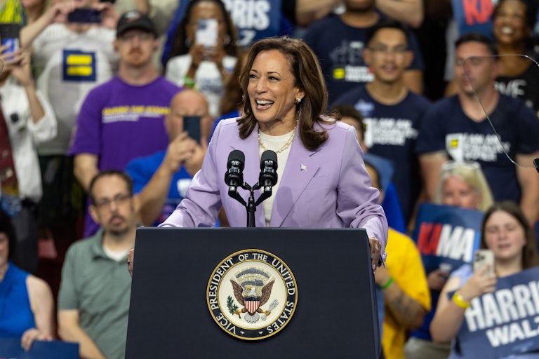 Kamala Harris smiles while on stage at a campaign rally