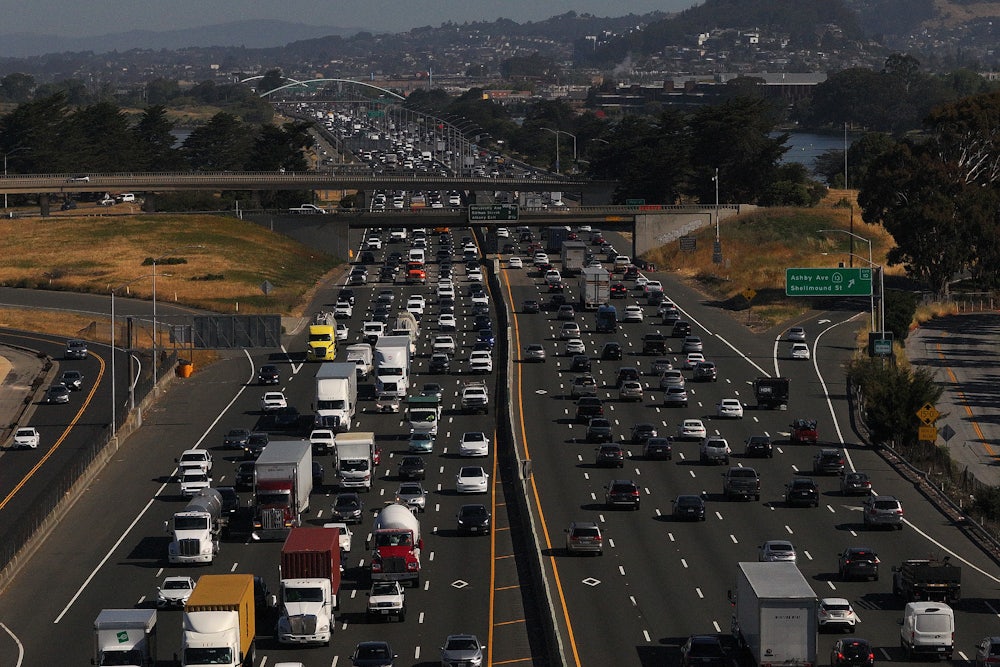 An aerial view of traffic moving on Interstate 80 in Emeryville, California, in mid-May.