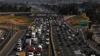 An aerial view of traffic moving on Interstate 80 in Emeryville, California, in mid-May.