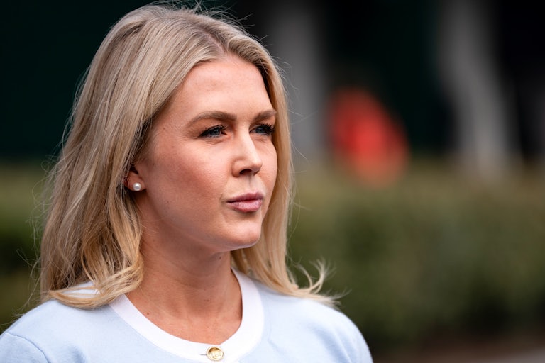 Press Secretary Karoline Leavitt speaks to reporters outside the White House