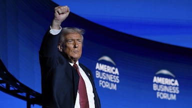 Donald Trump gestures after delivering remarks during the America Business Forum in Miami, Florida.
