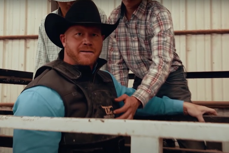 Dan Rodimer rides a bull in a campaign ad in Texas
