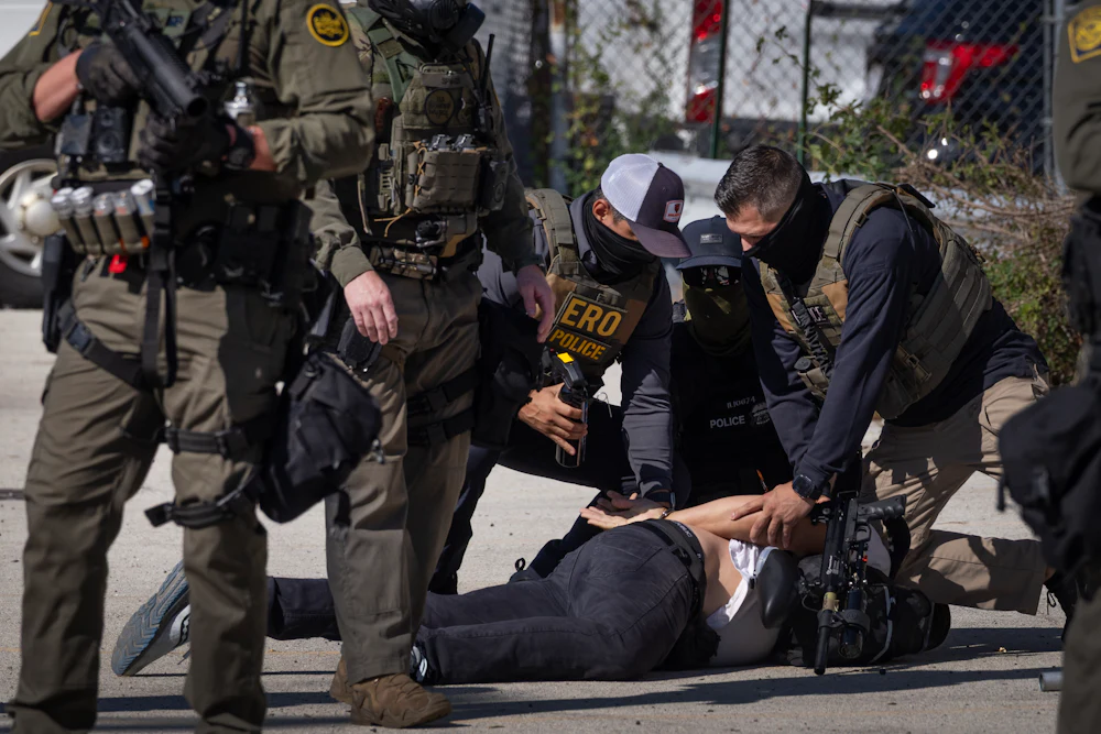 Federal law enforcement agents took a demonstrator into custody outside the Broadview detention center on September 26, 2025. Demonstrators were battered with stinger ball grenades, pepper balls, tear gas, and baton rounds.
