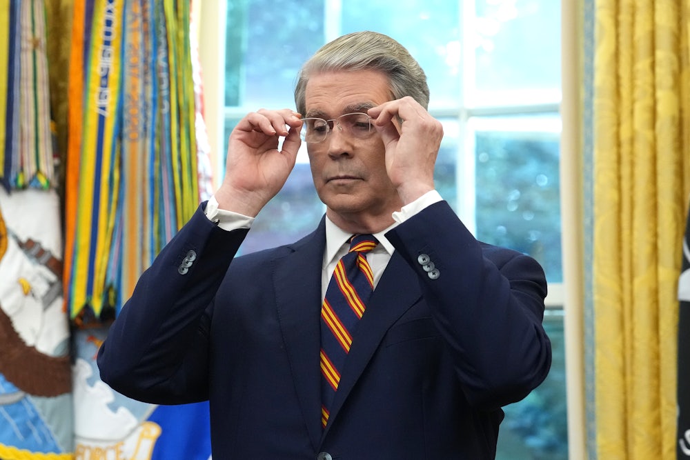 Treasury Secretary Scott Bessent adjust his glasses as Donald Trump announces plans for the 2026 G20 summit.