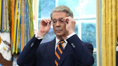 Treasury Secretary Scott Bessent adjust his glasses as Donald Trump announces plans for the 2026 G20 summit.