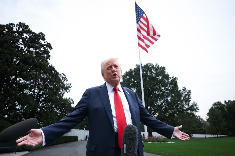 Donald Trump speaks to reporters on the White House lawn.