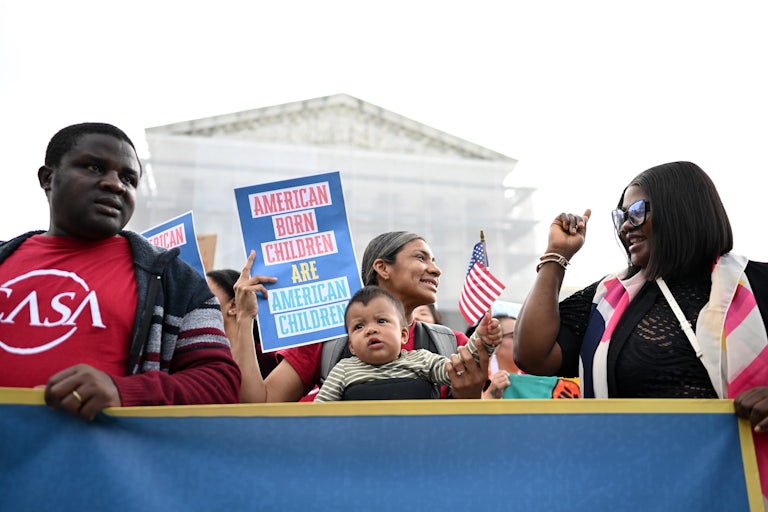 People protest in support of birthright citizenship outside the Supreme Court