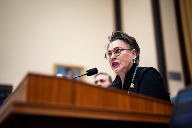 Representative Harriet Hageman speaks at a podium