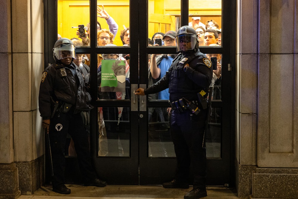 NYPD officers before the police action last Tuesday that removed dozens of student protesters who had barricaded themselves inside Columbia University's Hamilton Hall.