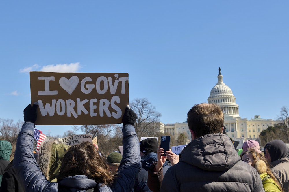 People participate in a protest against the Trump administration’s mass firing of government workers and civil servants in front of the Capitol building in Washington D.C. on Presidents’ Day, Feb. 17, 2025.