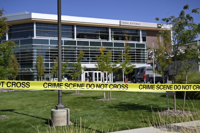 Crime scene tape at Utah Valley University, where Charlie Kirk was shot