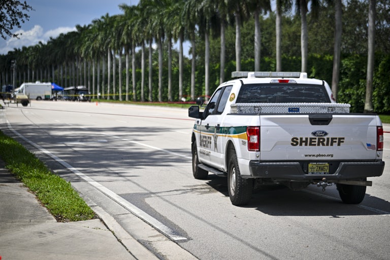 A sheriff’s truck is parked near the site of an assassination attempt on Donald Trump at Trump International Golf Club