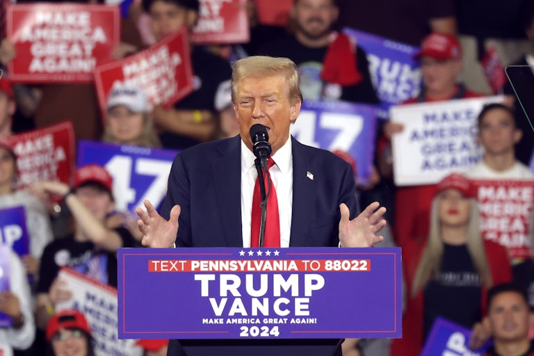 Donald Trump gestures while speaking at his rally in Scranton, Pennsylvania