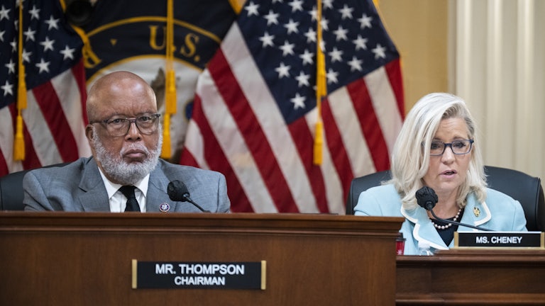 Chairperson Bennie Thompson and vice chair Liz Cheney preside over a session of the January 6 Commission