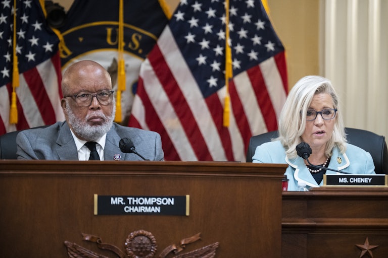 Chairperson Bennie Thompson and vice chair Liz Cheney preside over a session of the January 6 Commission