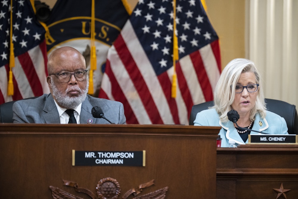 Chairperson Bennie Thompson and vice chair Liz Cheney preside over a session of the January 6 Commission