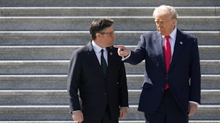 Donald Trump gestures as House Speaker Mike Johnson looks on while departing the U.S. Capitol. Kevin Dietsch/Getty Images