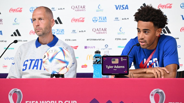 United States men's national team coach Gregg Berhalter and midfielder Tyler Adams speak to reporters ahead of Tuesday's match between the U.S. and Iran.
