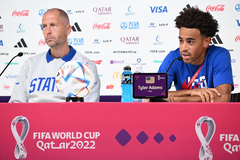 United States men's national team coach Gregg Berhalter and midfielder Tyler Adams speak to reporters ahead of Tuesday's match between the U.S. and Iran.