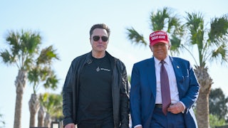 Elon Musk and Donald Trump walk side by side. Palm trees are in the background.