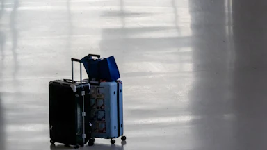 Two carry-on suitcases and a paper bag sit abandoned in an airport hall.