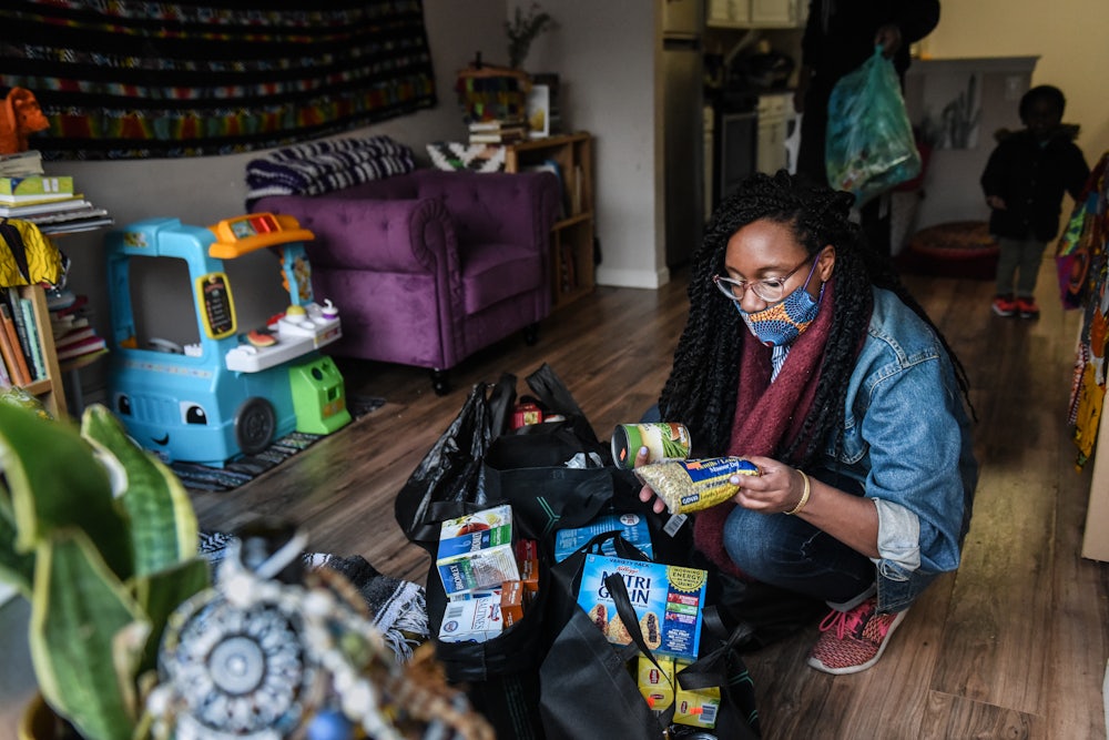 Sevonna Brown of Black Women's Blueprint looks at food and essential items that were delivered to her in the Bedford-Stuyvesant neighborhood of New York City.
