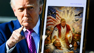 This photo illustration created on April 13, 2026 shows a picture of US President Donald Trump on a screen and an AI-generated picture he posted on his Truth Social platform depicting himself as Jesus Christ after criticizing Pope Leo XIV.