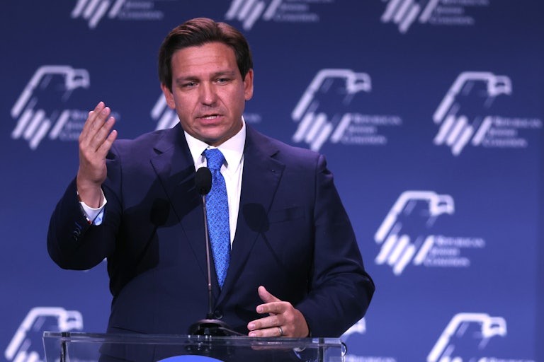 Ron DeSantis speaks at a podium